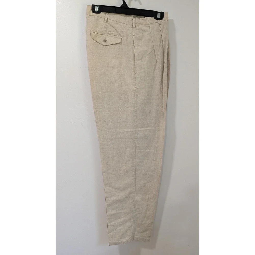 Vintage Cherokee Mens Beige Linen Cotton Pleated Trousers Pants 36x30 NWT